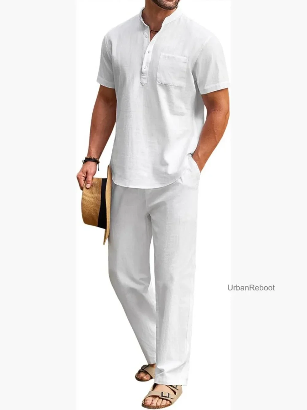 Men's 2 Piece Cotton Linen Set Casual Short Sleeve Henley Beach Yoga Outfits
